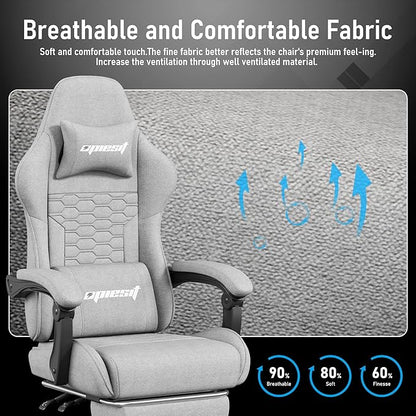 Gaming Chair, Computer Chairs for Adults with Lumbar Support and Massager, Comfortable Gamer Chair with Footrest & Pocket Spring Cushion, Ergonomic Home Office Chair, Grey, Fabric