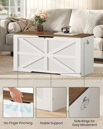 Storage Chest, 39.4" Wooden Storage Trunk, Modern Storage Bench with Safety Hinge, Toy Box, Farmhouse Style, for Bedroom, Living Room, Walnut and White MCW10WL