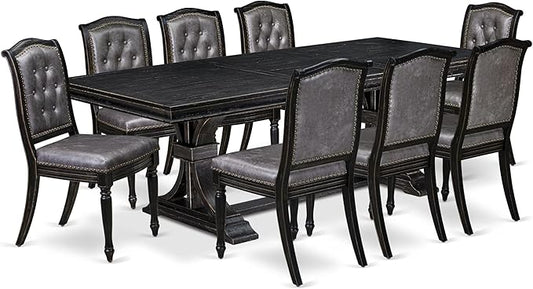 LEMA9-SBB-34, 9-pc Dining Table Set Consists of a Dining Table and 8 Dark Grey Polyester Fabric Modern Dining Chairs with Button Tufted Back, Sand Blasting Black Finish