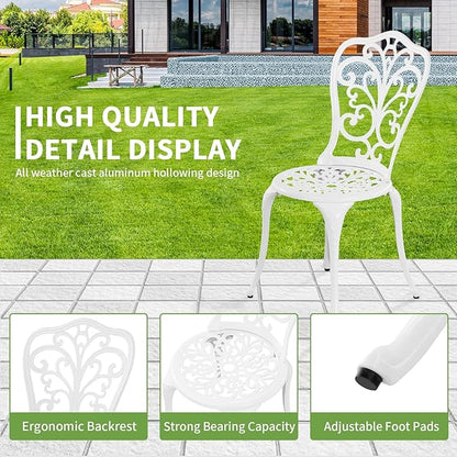 Bistro Set 3 Piece Outdoor Cast Aluminum Patio Bistro Set with Umbrella Hole, All Weather Bistro Table and Chairs Set, Small Patio Furniture Set for Garden, Porch,White
