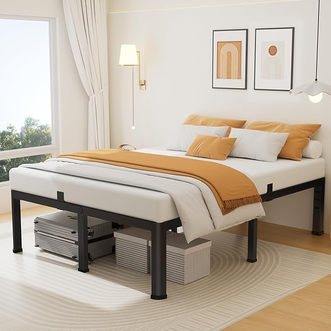 16 Inch Queen Size Metal Platform Bed Frame with Round Corners, Storage Space Under High Bed Frame-Heavy Duty Steel Slats Support, Noise Free - Easy Assembly - No Box Spring Needed
