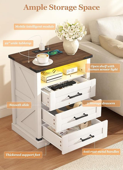 Night Stand with Charging Station 22" Large Farmhouse Nightstands with 3 Drawers and Open Storage Smart Bedside Table with Human Sensor LED Light End Tables for Bedroom Living Room White