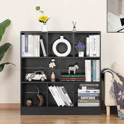 YAHARBO Black Wide Bookshelf,3 Tier Modern Horizontal Bookcase,Wood Low Bookshelves Display Storage Cabinet with Base,Floor Standing 8 Cube Large Bookcases Organizer for Bedroom,Living Room,Office