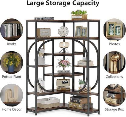 LITTLE TREE Large Corner Bookshelf Industrial Bookcase for Living Room Home Office,Brown