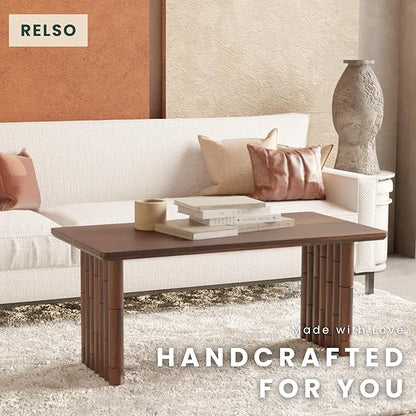 Bambos Coffee Table - Solid Mango Wood Center Table – Handcrafted Living Room Furniture for Apartment, Patio, Home Decor - Compact Sofa Table, Easy Assembly, Modern Accent Piece with Walnut Finish