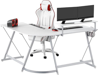 SHW 51 x 51 Inches Vista L-Shaped Desk with Monitor Stand and Drawer, White