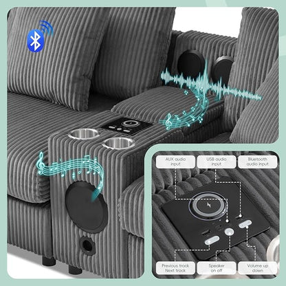 Merax 114 * 64" Corduroy Sectional Couches with Bluetooth Speakers, Storage, Ottoman & Pillows, Upholstered Modular Sofa Chaise with Console, USB Charger, Cup Holders for Living Room Apartment, Grey