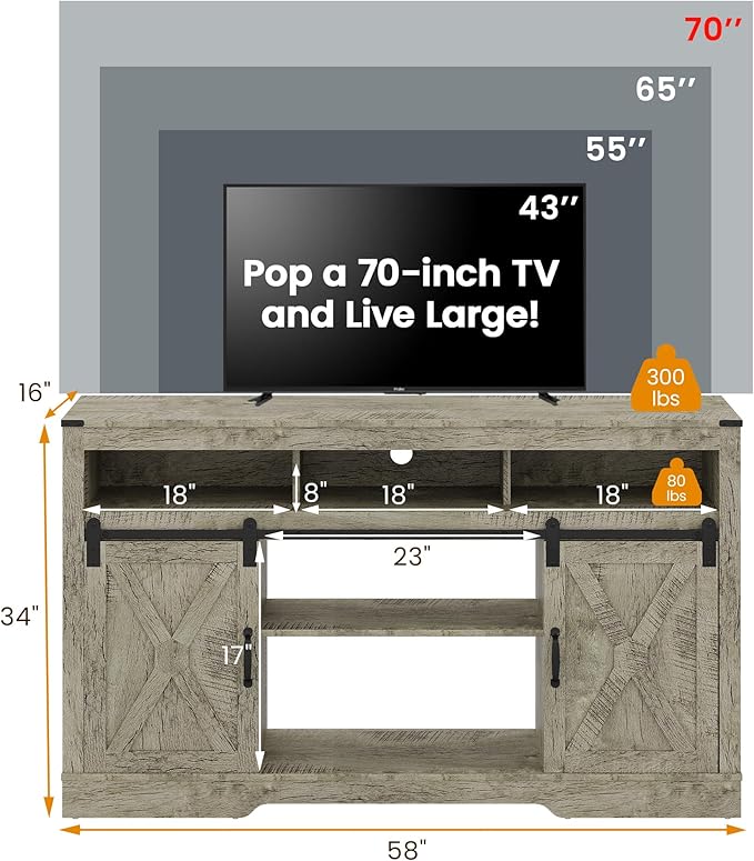 RoyalCraft Farmhouse Fireplace TV Stand for 65+ Inch TV, Entertainment Center with 23" Electric Fireplace with Remote, 34" Modern Rustic TV Console with Sliding Bar Door for Living Room, Light Grey
