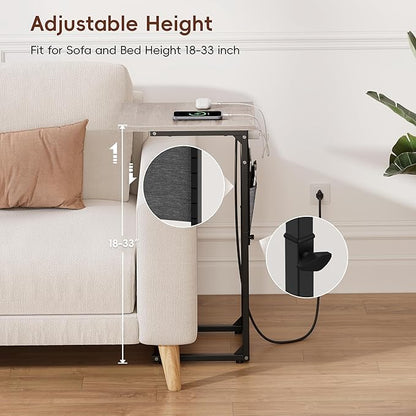 VAGUSICC C Shaped End Table with Charging Station, Adjustable Height Side Table for Couch Recliner, Small Sofa Table with Storage Bag, Slide Under Sofa TV Tray Arm Table for Living Room, Bedroom, Gray