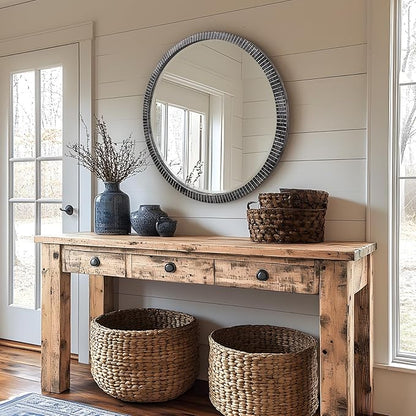 35" Round Wood Mirror, Rustic Circle Wall Mirror with Beveled, Wooden Round Mirror for Wall Decor, Decorative Wall-Mounted Mirror for Entryway, Living Room, Washed Black Frame