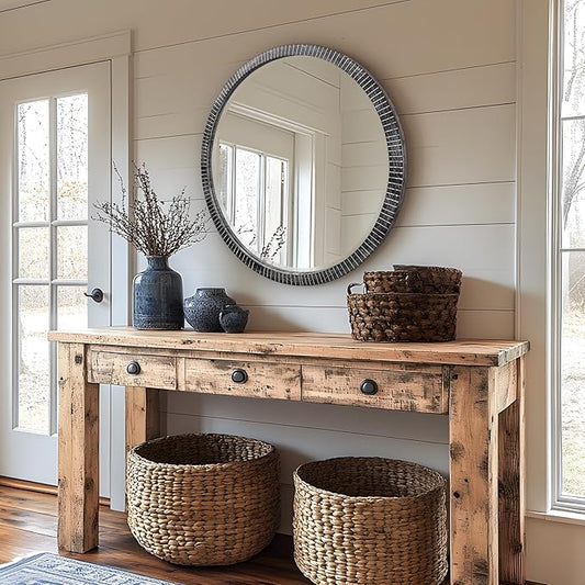 35" Round Wood Mirror, Rustic Circle Wall Mirror with Beveled, Wooden Round Mirror for Wall Decor, Decorative Wall-Mounted Mirror for Entryway, Living Room, Washed Black Frame