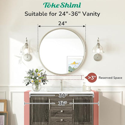 TokeShimi 24 Inch Circle Bathroom Mirror Brushed Nickel, Tempered Round Wall Mirror, Shatterproof 24x24 Hanging Wall Mirrored Farmhouse for Bedroom, Entryway, Restroom, Vanity, Living Room