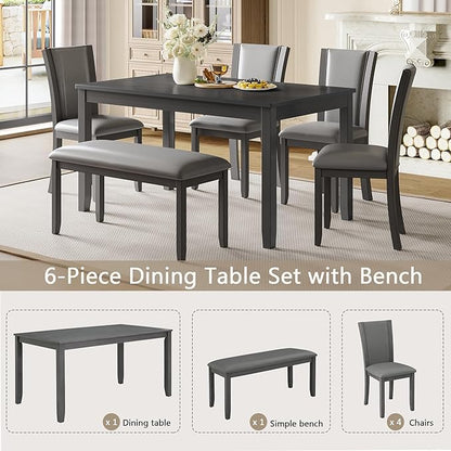 soges 6-Piece Large Dining Table Set with Leather Bench and Chairs, Wooden Dining Table Chairs Set for 6, Modern 6 Person Dining Room Set, Grey