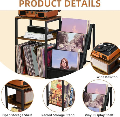 LELELINKY Record Player Stand with Vinyl Storage, 3 Tier Turntable Stand with Display Shelf Storage Up to 180 Albums,Brown End Table Records Cabinet for Media Stereo Speaker, Amplifiers, Magazines