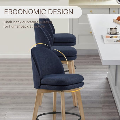 Counter Height Barstools 26 inch Upholstered Swivel Bar Stools with Back and Wood Legs for Kitchen Island,Set of 3,Blue Fabric-Armless