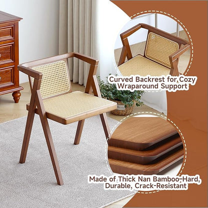 Rattan Dining Chair, Mid-Century Accent Armchair, Wicker Chair, Outdoor Bamboo Chair for Dining Room, Living Room, Bedroom, Kitchen, Walnut