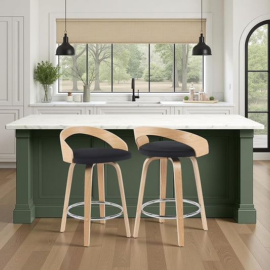 Armen Living Sonia Modern Swivel Counter Height Bar Stool with Black Upholstered Seat and Patterned Oak Wood Finish