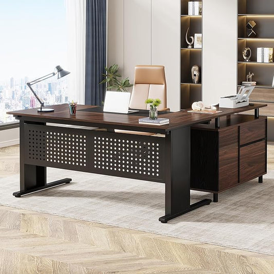 Tribesigns 63 Inch Executive Desk with File Cabinet, Large Office Desk L Shaped Computer Desk with Drawers and Storage Shelves, Business Furniture Desk for Home Office, Dark Walnut and Black