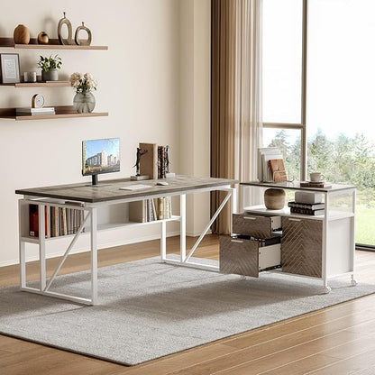 LITTLE TREE 63-Inch Office Desk with 31.5-Inch Lateral File Cabinet, Study Writing Desk Computer Desk for Home Office