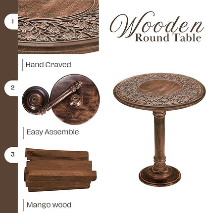 Wooden End Table for Living Room - 18x22 Burnt Finish Carved Side Table, Single Pillar Nightstand, Bedside Table for Books, Plants, Magazines, Small Space Accent Table