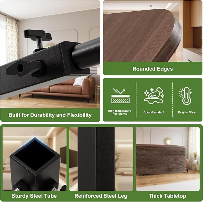 C Shaped End Table for Couch, Adjustable Height Couch Side Table, Horizontal 360°Swivel Small TV Tray Table Couch Side Tables That Slide Under (Walnut)