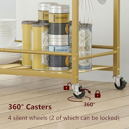 3 Tier Bar Cart, Home Bar Serving Cart with Wheels, Small Rolling Beverage Cart with Glass Holders, Mini Drink Cart with Wine Rack for Kitchen Dining Living Room Gold GBC507G