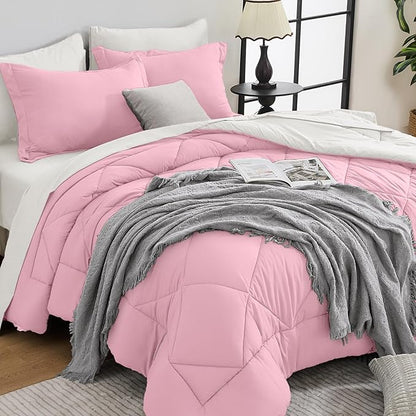 HEVUMYI Twin Comforter Set - 5-Piece All Season Bed in a Bag Twin, Ultra Soft Bedding Set with Comforter, Flat Sheet, Fitted Sheet, Pillowcases, Pillow Shams, Pink & Ivory