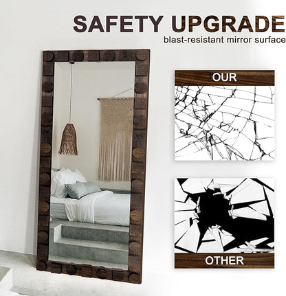 56x24 Inch Handcrafted Solid Wood Square Wall Mirror with Geometric Wood Inlay Design, Rustic Natural Texture for Bathroom, Bedroom, Living Room Decor