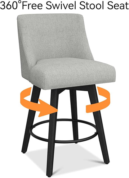 Counter Height Bar Stools Set of 6, Modern Swivel Barstools with Back and Wood Legs, Linen Fabric Upholstered Bar Chairs, 26" H Kitchen Counter Stools, Kitchen Island Home Bar, Light Grey
