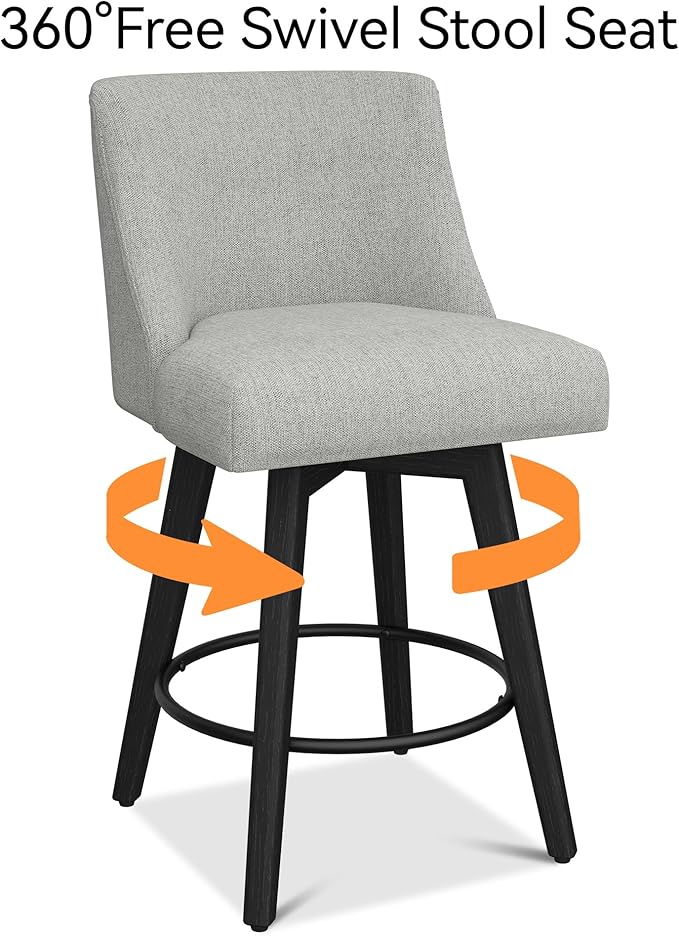 Counter Height Bar Stools Set of 4, Modern Swivel Barstools with Back and Wood Legs, Linen Fabric Upholstered Bar Chairs, 26" H Kitchen Counter Stools, Kitchen Island Home Bar, Light Grey