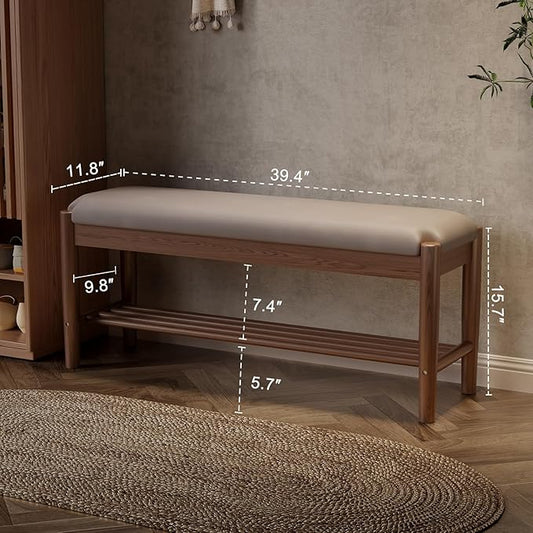 Shoe Bench Entryway with Cushion, Solid Wood Bench with Shoe Storage, 2-Tier Shoe Rack Bench for Entryway,Hallway (Gray)