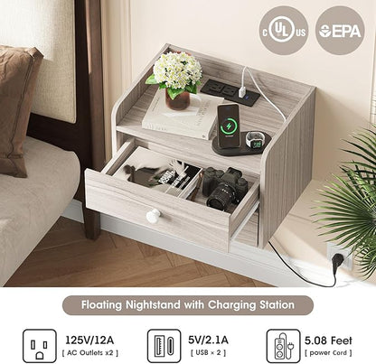 Floating Nightstand Set of 2 with 2 Storage Drawers and Charging Station Wood Wall Mounted Bedside End Table Modern Night Stands Set 2 for Bedroom,Small Space,Grey