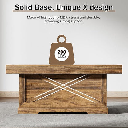 Coffee Table 39 in Rustic Center Table with X-Design Wooden Pedestal for Living Room, Space Saving, Easy Assembly Rectangle Home Office Tea Accent Table for Dining Room Apartment, Walnut