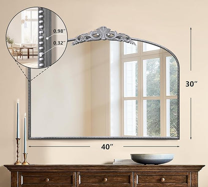 Micasso Antique Silver Wall Mirror, 40"x30" Metral Framed Arch Baroque Ornate Mantel Mirror for Bathroom, Entryway, Living Room