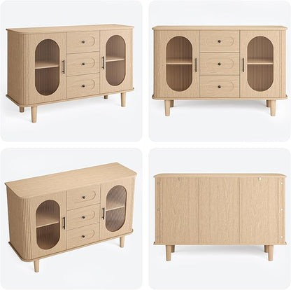 GarveeHome 47.2" Sideboard Buffet Cabinet with 2 Fluted Glass Doors & 3 Drawers, Modern Farmhouse Accent Coffee Bar with Adjustable Shelves for Kitchen, Living Room, Hallway, Natural