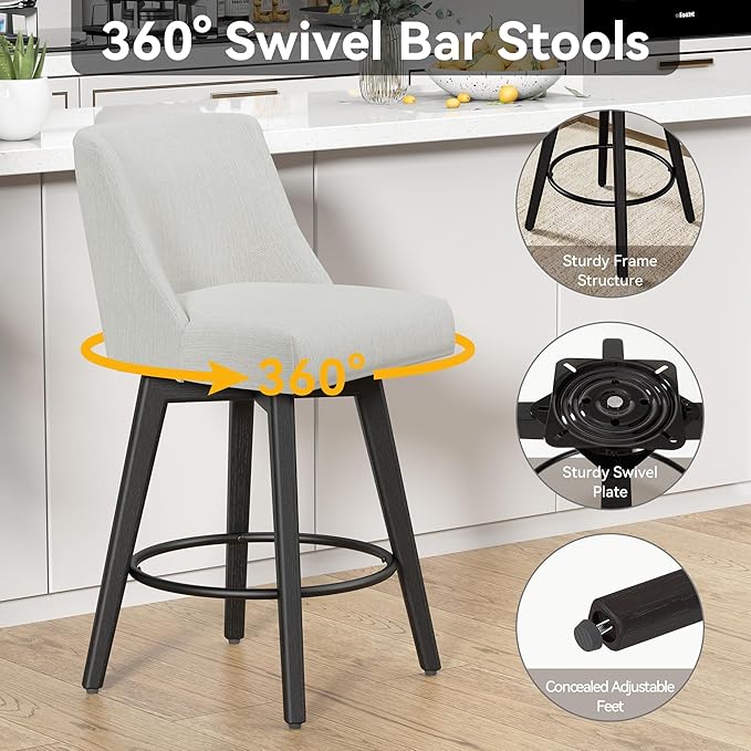 Counter Height Swivel Bar Stools Set of 4, 26 Inch Bar Stools with Footrest, Linen Fabric Upholstered Barstools with Back and Solid Wood Legs for Kitchen Island, Dining Room,Pub,White