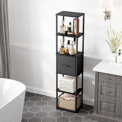 6-Tier Bookshelf with Drawer, Narrow Bookshelves Organizer, Floor Standing Ladder Shelf, Tall Bookcase for Small Space, Book shelf with Storage for Living Room, Bedroom, Office, Study Black HBC505B