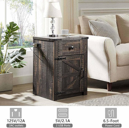 SOOWERY Nightstands Set of 2, Nightstand with Charging Station, Farmhouse End Table with Barn Door and Drawer, Rustic Wood Sofa Side Table for Bedroom, Living Room, Dark Rustic Oak