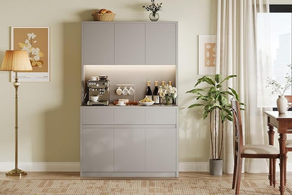 Garvee Kitchen Pantry Storage Cabinet, Tall Storage Cabinet with Doors and Shelves, Kitchen Storage Hutch with Microwave Stand, Led Lights and Charging Station,Corner Pantry Cabinet,Grey