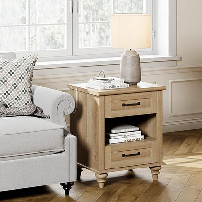 WAMPAT Set of 2 Oak Nightstands Side Tables with Charging Station, Farmhouse End Table with 2 Drawers & Shelf for Living Room, Light Wood Night Stand Bedside Table for Bedroom