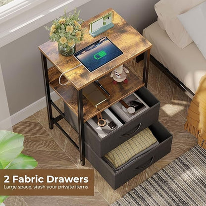 Seventable Nightstand Set of 2 with Charging Station, Bedside Table with LED Lights, Night Stand with 2 Fabric Drawers, 3-Tier Storage End Table for Bedroom, Rustic Brown