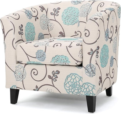 Ball & Cast Upholstered Arm Chair,Classic American Style Flower Design Fabric Dining Chair,Comfy Farmhouse Accent Chair with Padded Seat and Backrest for Living Room Kitchen,White+Blue