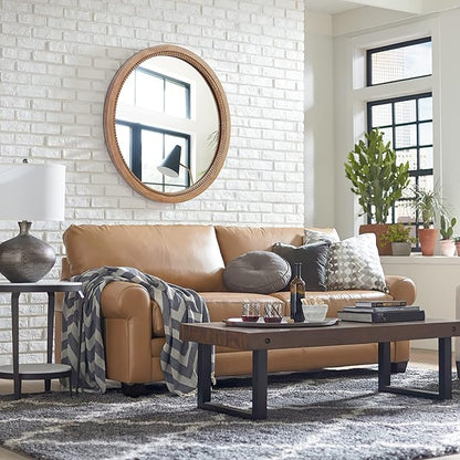 Sawsile Round Decorative Circle Farmhouse Style Mirror - 18inch Rustic Natural Wooden Frame Beads for Bedroom, Bathroom, Living Room or Entryway