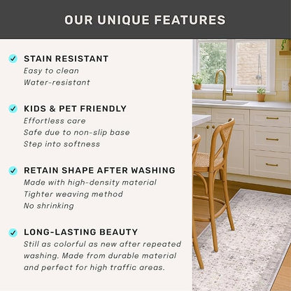 Boho 3x16 Wide Hallway Runner - Light Gray and Taupe, Washable Low Pile Non Slip Stain Resistant 16ft Runner Rug for Long Kitchen, Hall Way, Floral Decor