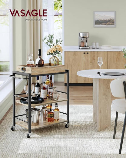 VASAGLE Kitchen Serving Cart with Removable Tray, 3-Tier Kitchen Utility Cart on Wheels with Storage, with Brakes, Leveling Feet, 15.7 x 28.3 x 33.9 Inches, Turquoise Brown and Ink Black ULRC072K60