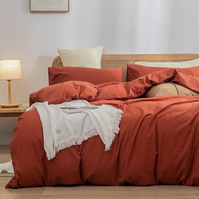 BESTOUCH Duvet Cover Set 100% Washed Cotton Linen Feel Super Soft Comfortable Chic Lightweight 3 PCs Home Bedding Set Solid Burnt Brick Red Cal King