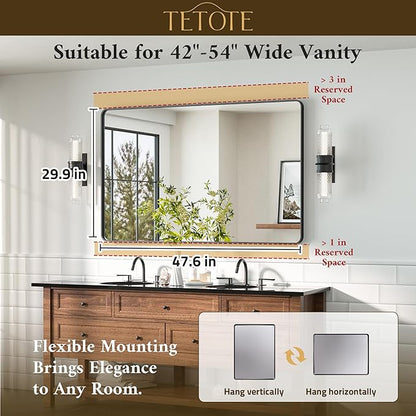 TETOTE Black Vanity Mirror 48 x 30 Matte Black Bathroom Mirrors, Tempered Glass, Modern Farmhouse Wall Mounted Mirror for Decorative(Horizontal/Vertical)