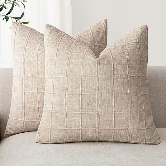 Foindtower Set of 2 Decorative Linen Check Throw Pillow Covers Neutral Farmhouse Vintage Cushion Covers Modern Boho Home Decor For Sofa Chair Couch Bedroom Living Room Outdoor,24×24 Inch,Natural Linen