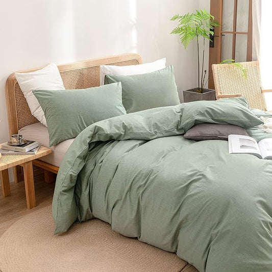 BESTOUCH Duvet Cover Set 100% Washed Cotton Linen Feel Super Soft Comfortable Chic Lightweight 2 PCs Home Bedding Set Solid Green Twin/Twin XL