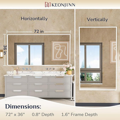 Keonjinn White Bathroom Mirrors for Over Sink 72 x 36 Inch Large Bathroom Vanity Mirror for Wall Metal Frame Modern Rectangle Mirror Square Corner Matte White Rectangular Mirror(Horizontal/Vertical)